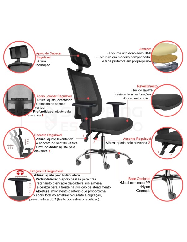 Cadeira Giratória Ergonômica Back System Presidente Tela Apoio Lombar Regulável Apoio Cabeça Regulável Base Cromada