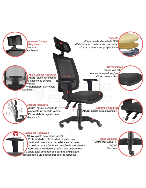 Cadeira Giratória Ergonômica Back System Presidente Tela Apoio Lombar Regulável Apoio Cabeça Regulável Base Nylon