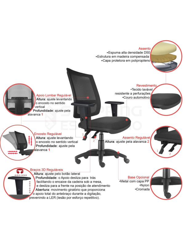 Cadeira Giratória Ergonômica Back System Presidente Tela Apoio Lombar Regulável Base Nylon