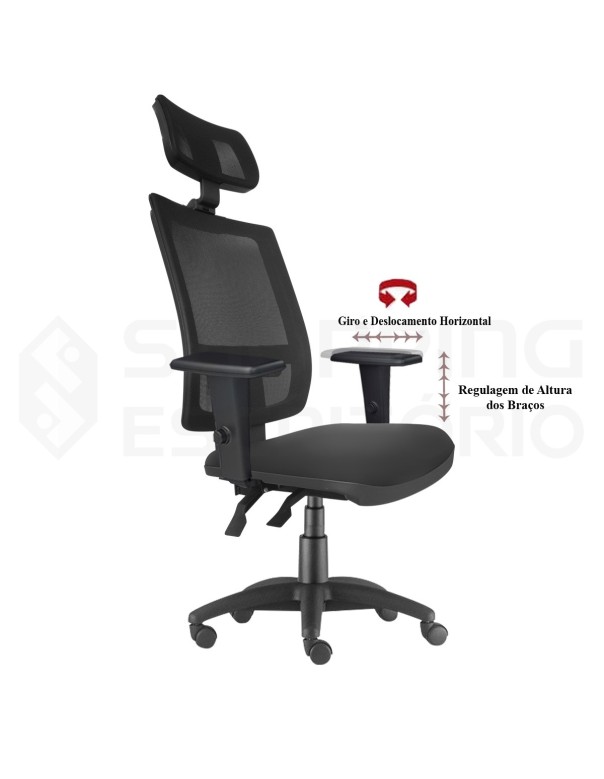 Cadeira Giratória Ergonômica Back System Presidente Tela Apoio Lombar Regulável Apoio Cabeça Regulável Base Nylon