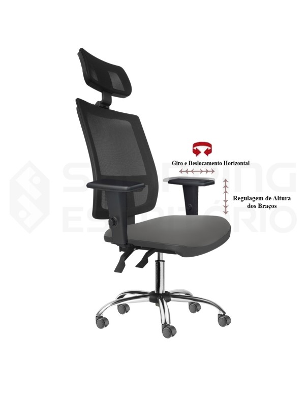 Cadeira Giratória Ergonômica Back System Presidente Tela Apoio Lombar Regulável Apoio Cabeça Regulável Base Cromada