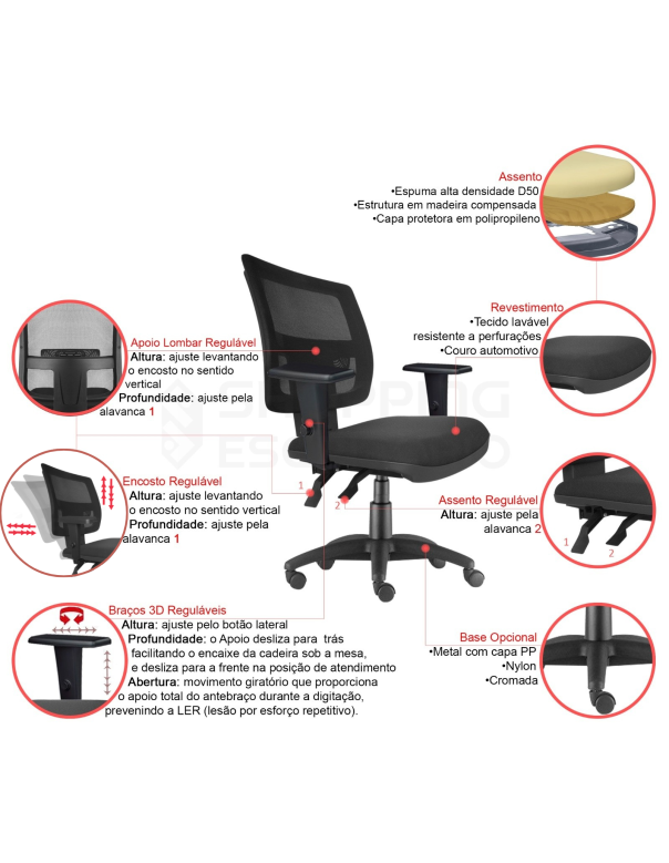 Cadeira Giratória Gerente Tela Apoio Lombar Regulável Base Nylon